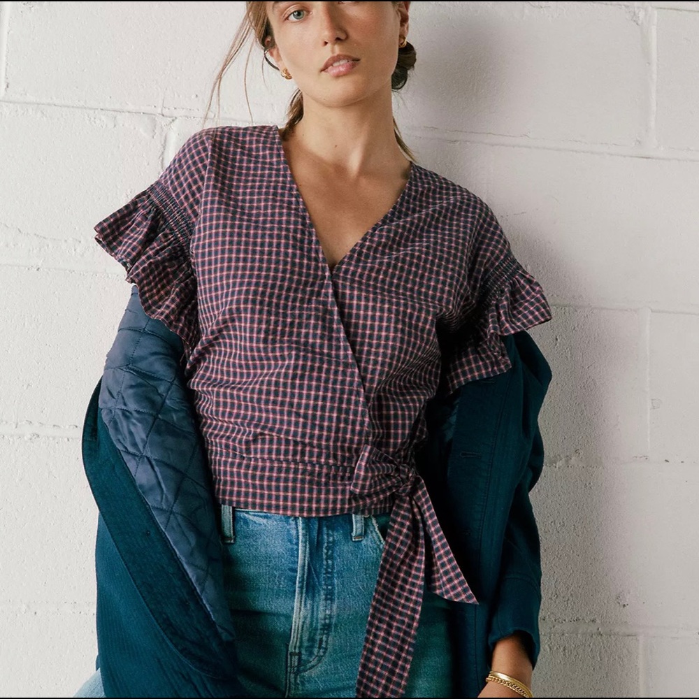 NWT Madewell plaid wrap top with glitter sleeves size XXS